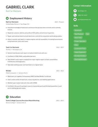 Rail Car Mechanic Resume
