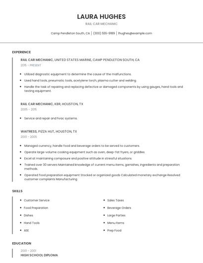 Rail Car Mechanic Resume