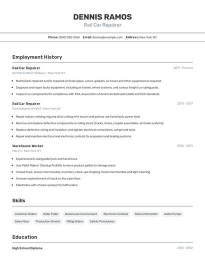 Rail Car Repairer Resume