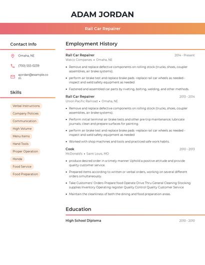 Rail Car Repairer Resume