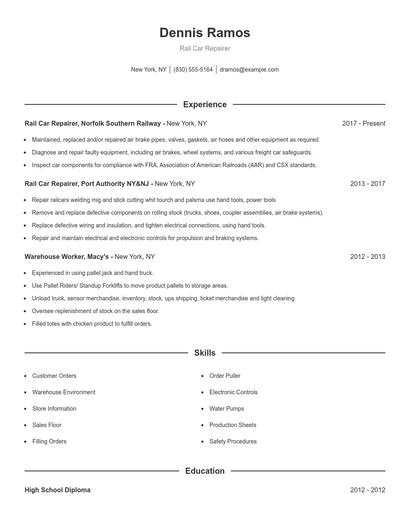 Rail Car Repairer Resume