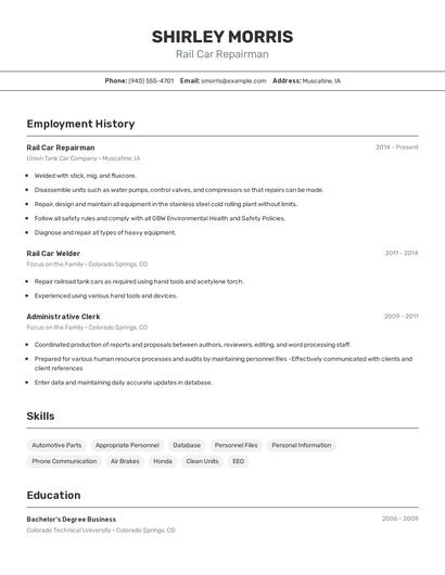 Rail Car Repairman Resume
