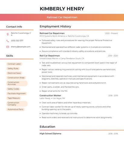 Railroad Car Repairman Resume