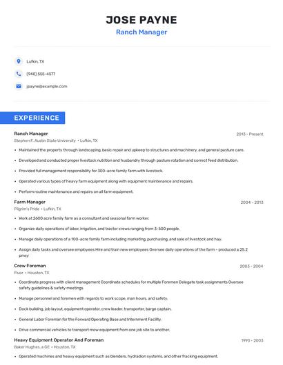 Ranch Manager Resume