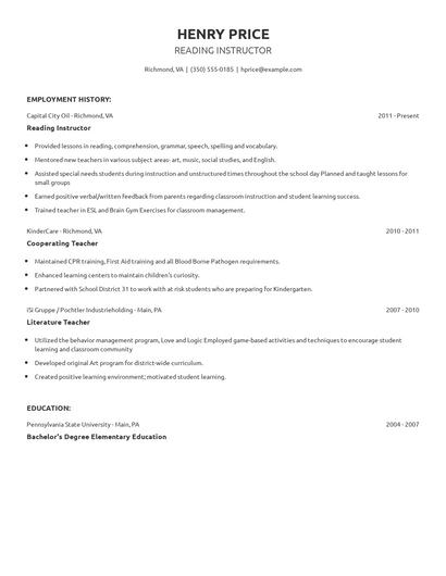 Reading Instructor Resume