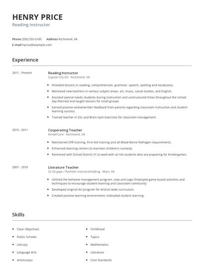 Reading Instructor Resume