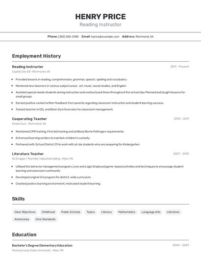 Reading Instructor Resume