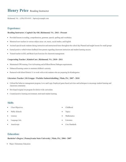 Reading Instructor Resume