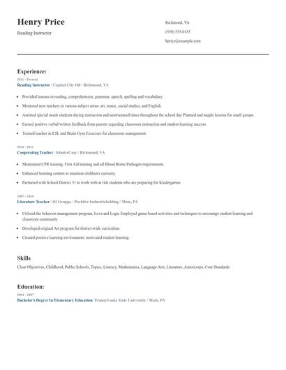 Reading Instructor Resume