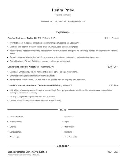 Reading Instructor Resume