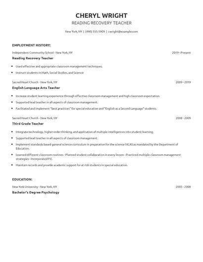Reading Recovery Teacher Resume