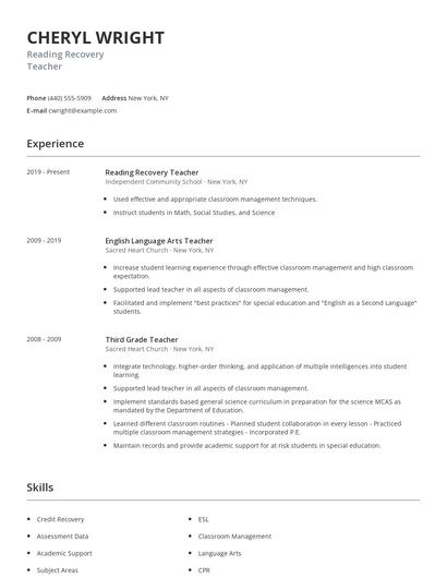 Reading Recovery Teacher Resume