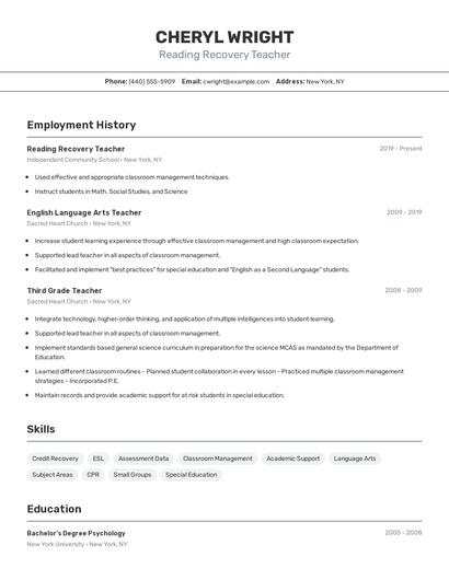 Reading Recovery Teacher Resume