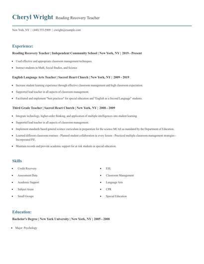 Reading Recovery Teacher Resume