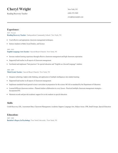 Reading Recovery Teacher Resume