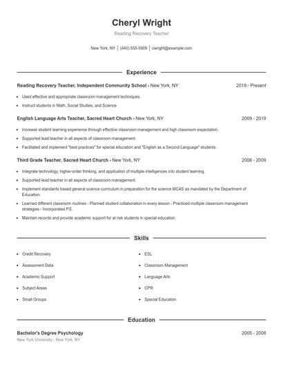 Reading Recovery Teacher Resume