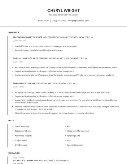 Reading Recovery Teacher Resume