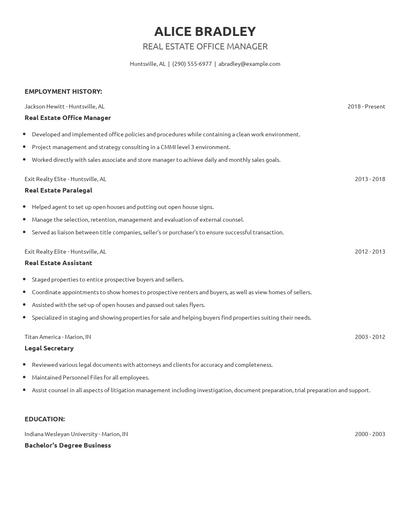 Real Estate Office Manager Resume