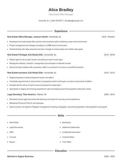 Real Estate Office Manager Resume