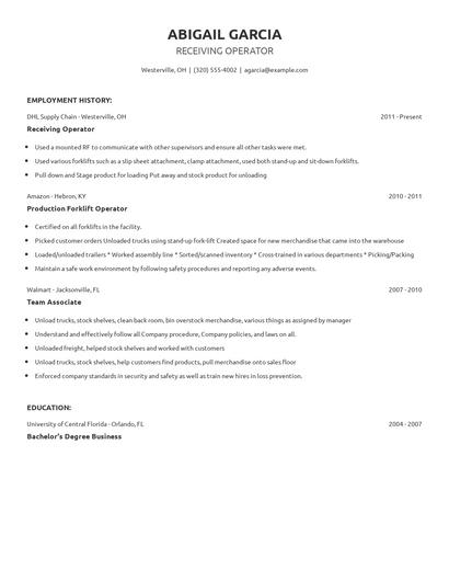 Receiving Operator Resume