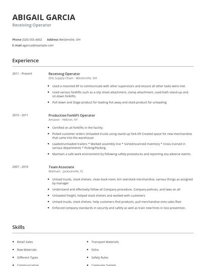 Receiving Operator Resume