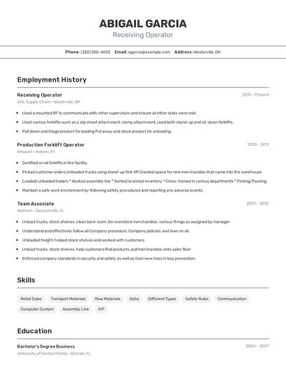 Receiving Operator Resume