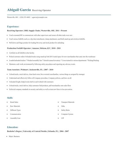Receiving Operator Resume