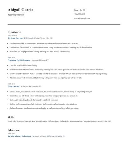 Receiving Operator Resume