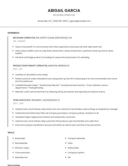 Receiving Operator Resume