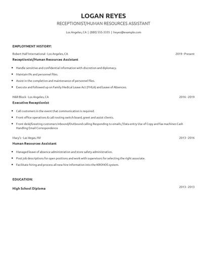 Receptionist/Human Resources Assistant Resume