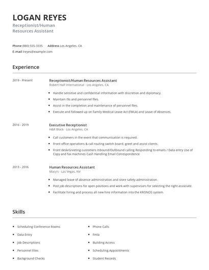 Receptionist/Human Resources Assistant Resume