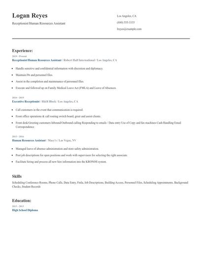 Receptionist/Human Resources Assistant Resume