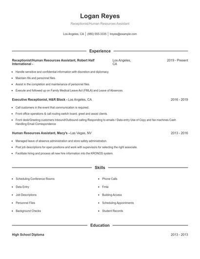 Receptionist/Human Resources Assistant Resume