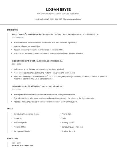 Receptionist/Human Resources Assistant Resume