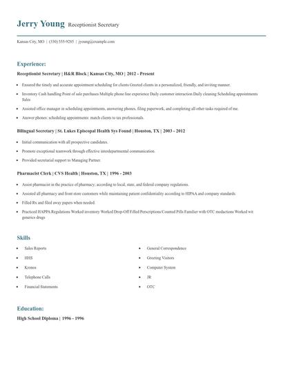 Receptionist Secretary Resume