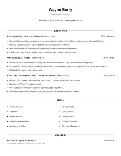 Receptionist Secretary Resume