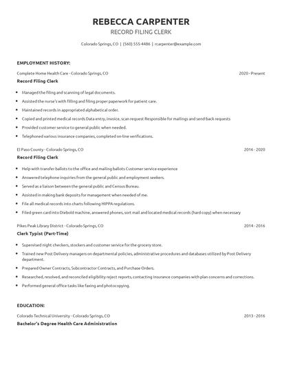 Record Filing Clerk Resume