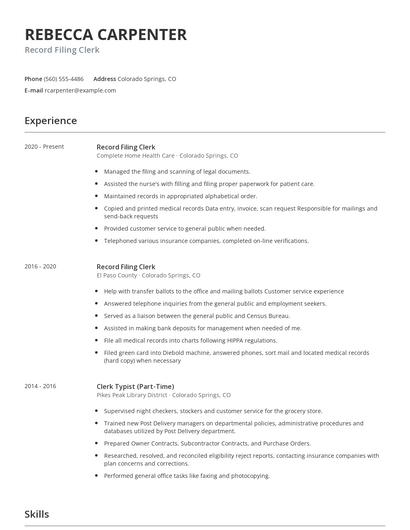 Record Filing Clerk Resume