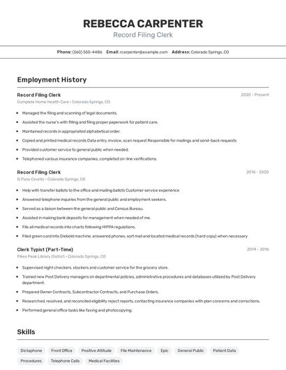 Record Filing Clerk Resume