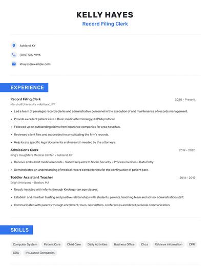 Record Filing Clerk Resume