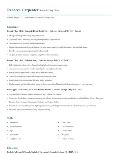 Record Filing Clerk Resume