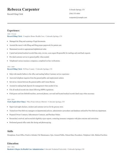 Record Filing Clerk Resume