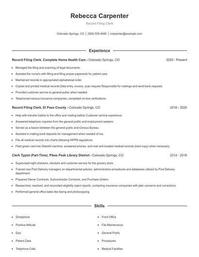 Record Filing Clerk Resume