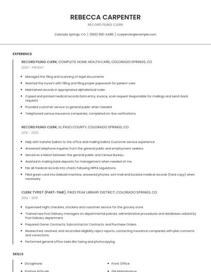 Record Filing Clerk Resume