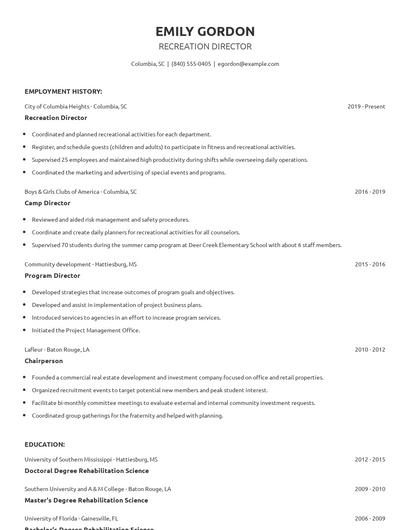 Recreation Director Resume