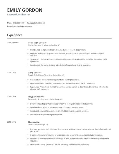 Recreation Director Resume