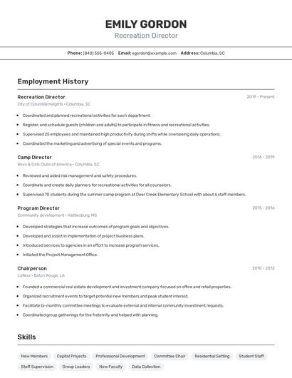 Recreation Director Resume