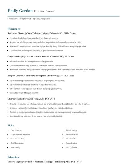 Recreation Director Resume