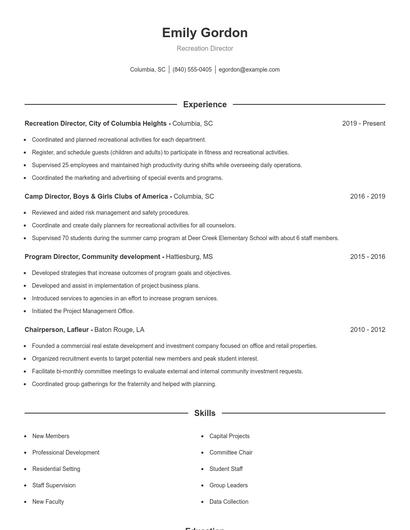 Recreation Director Resume