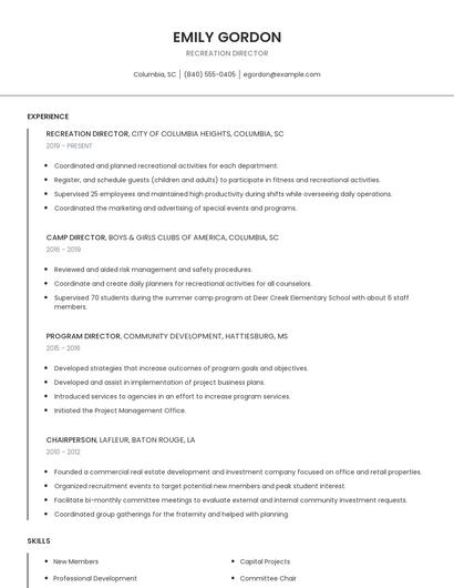 Recreation Director Resume